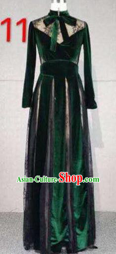 Top Grade Catwalks Customized Costume Green Velvet Dress Stage Performance Model Show Clothing for Women
