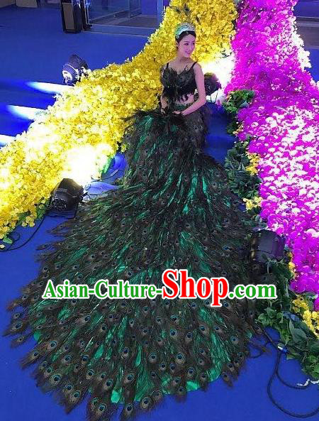 Top Grade Catwalks Costume Stage Performance Model Show Peacock Feather Dress for Women