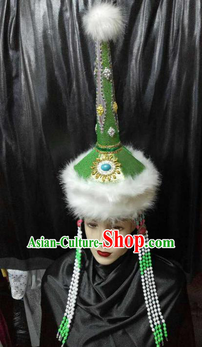 Chinese Traditional Mongolian Princess Green Hats China Mongol Nationality Wedding Headwear for Women