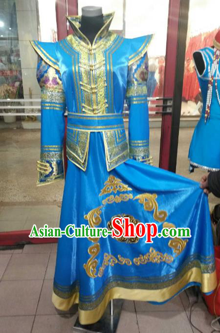 Chinese Traditional Mongolian Costume China Mongol Nationality Folk Dance Blue Mongolian Robe for Women