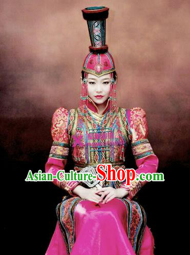 Chinese Traditional Mongolian Bride Costume China Mongol Nationality Wedding Dress and Hat for Women