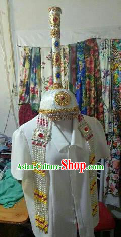 Chinese Traditional Mongolian Wedding White Hats Mongol Nationality Folk Dance Headwear for Women