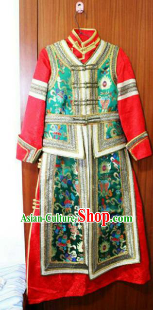 Chinese Traditional Mongolian Costume China Mongol Nationality Green Vest and Dress for Women