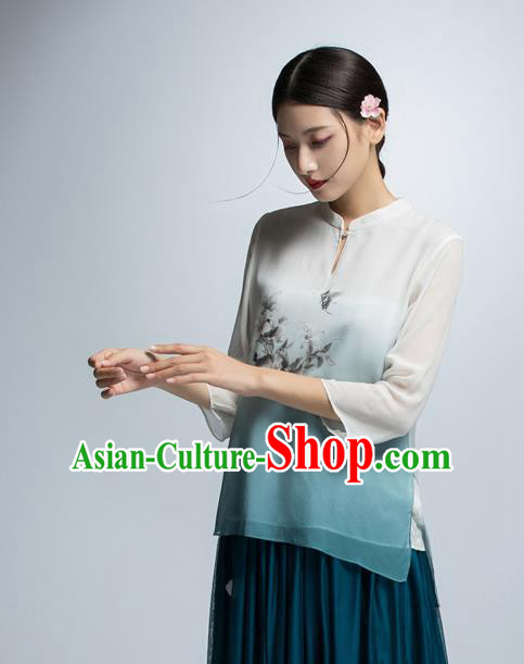 Chinese Traditional Costume Printing Cheongsam Blouse China National Upper Outer Garment Shirt for Women