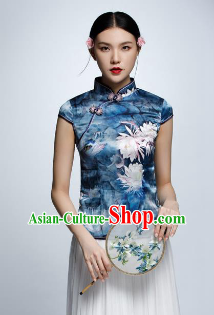 Chinese Traditional Costume Printing Blue Cheongsam Blouse China National Upper Outer Garment Shirt for Women