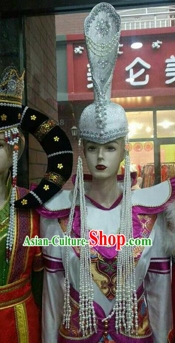 Chinese Traditional Mongolian Argentate Hats Mongol Nationality Hair Accessories Folk Dance Headwear for Women