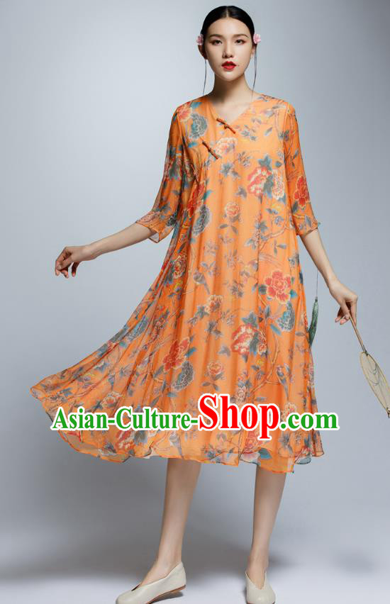 Chinese Traditional Printing Orange Cheongsam China National Costume Qipao Dress for Women