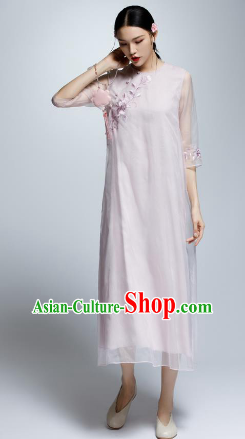 Chinese Traditional Embroidered Lilac Cheongsam China National Costume Qipao Dress for Women