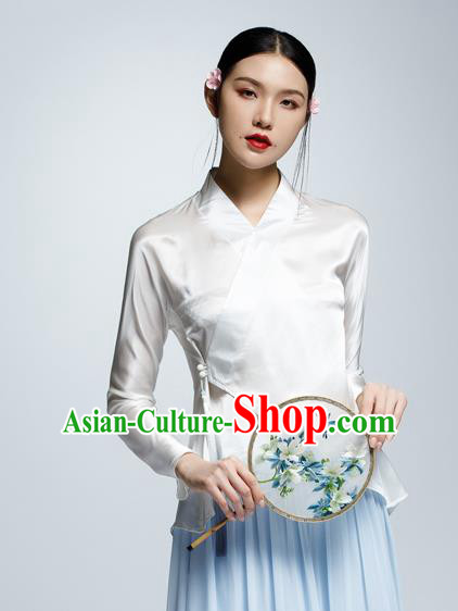 Chinese Traditional Costume White Silk Blouse China National Upper Outer Garment Shirt for Women