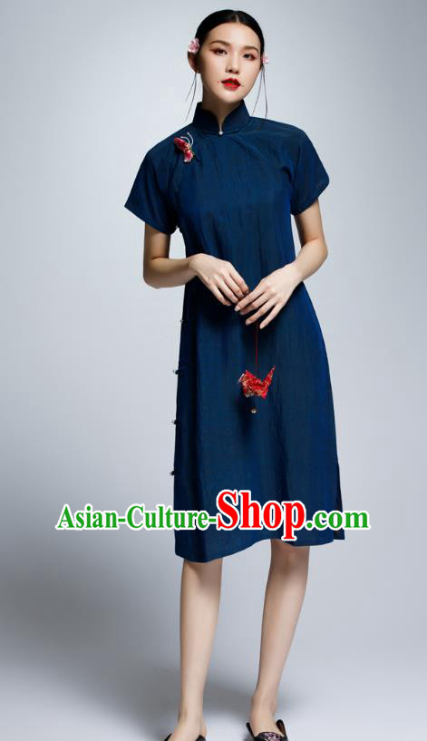 Chinese Traditional Navy Cheongsam China National Costume Tang Suit Qipao Dress for Women
