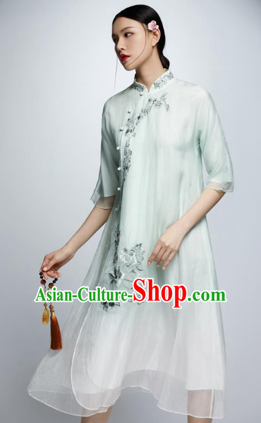 Chinese Traditional Green Organza Cheongsam China National Costume Tang Suit Qipao Dress for Women
