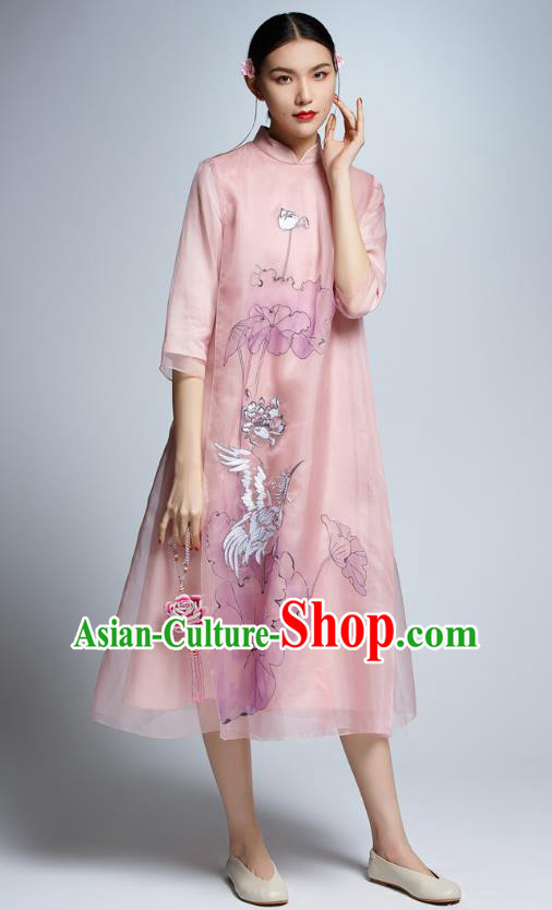 Chinese Traditional Printing Lotus Crane Pink Cheongsam China National Costume Tang Suit Qipao Dress for Women
