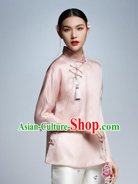 Chinese Traditional Costume Pink Silk Cheongsam Blouse China National Upper Outer Garment Shirt for Women