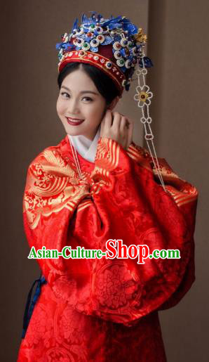 Chinese Ancient Ming Dynasty Queen Embroidered Costume Bride Red Robe for Women