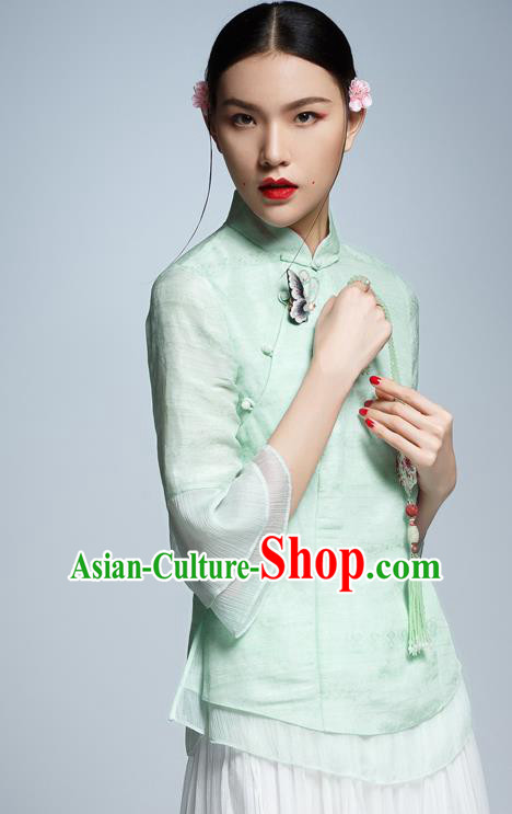 Chinese Traditional Costume Green Cheongsam Blouse China National Upper Outer Garment Shirt for Women