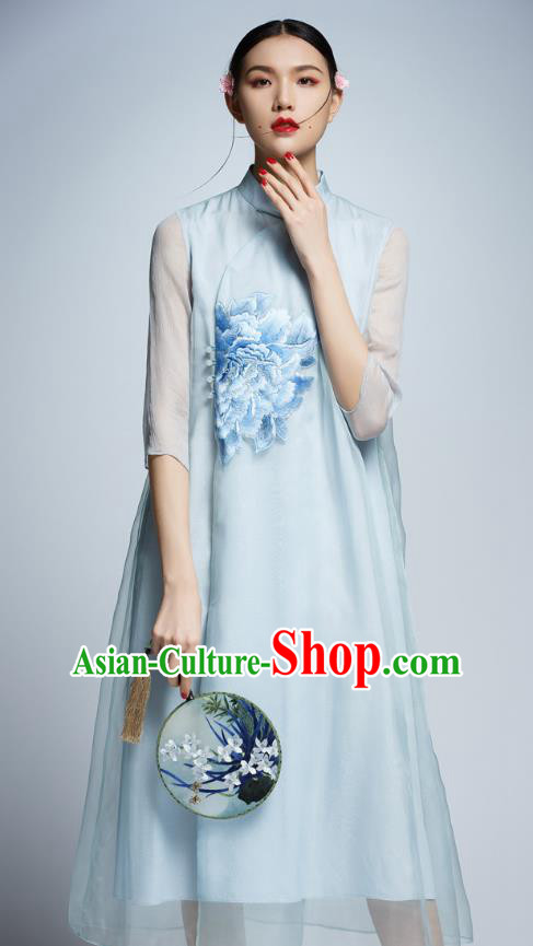 Chinese Traditional Embroidered Peony Blue Cheongsam China National Costume Tang Suit Qipao Dress for Women