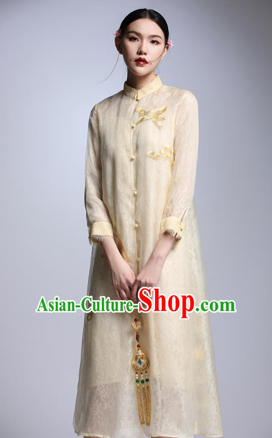 Chinese Traditional Tang Suit Embroidered Crane Yellow Cheongsam China National Qipao Dress for Women