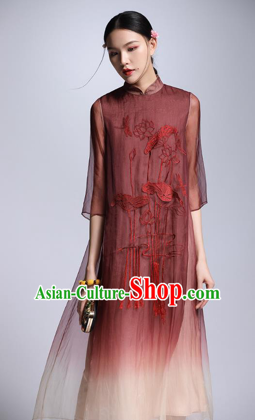 Chinese Traditional Tang Suit Embroidered Lotus Red Cheongsam China National Qipao Dress for Women