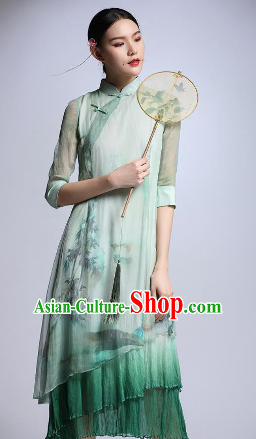Chinese Traditional Tang Suit Printing Green Cheongsam China National Qipao Dress for Women