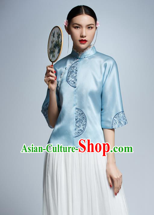 Chinese Traditional Costume Embroidered Blue Cheongsam Blouse China National Upper Outer Garment Shirt for Women