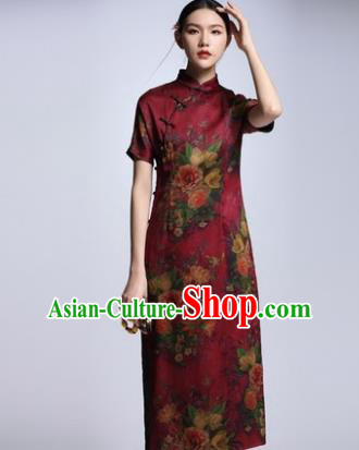 Chinese Traditional Tang Suit Printing Peony Cheongsam China National Qipao Dress for Women