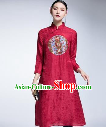 Chinese Traditional Tang Suit Embroidered Red Cheongsam China National Qipao Dress for Women