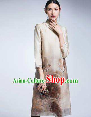 Chinese Traditional Tang Suit Printing Lotus Beige Cheongsam China National Qipao Dress for Women