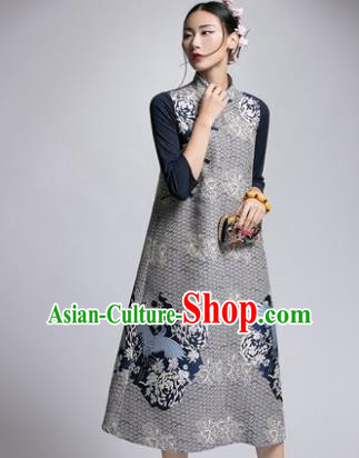Chinese Traditional Tang Suit Embroidered Grey Cheongsam China National Qipao Dress for Women