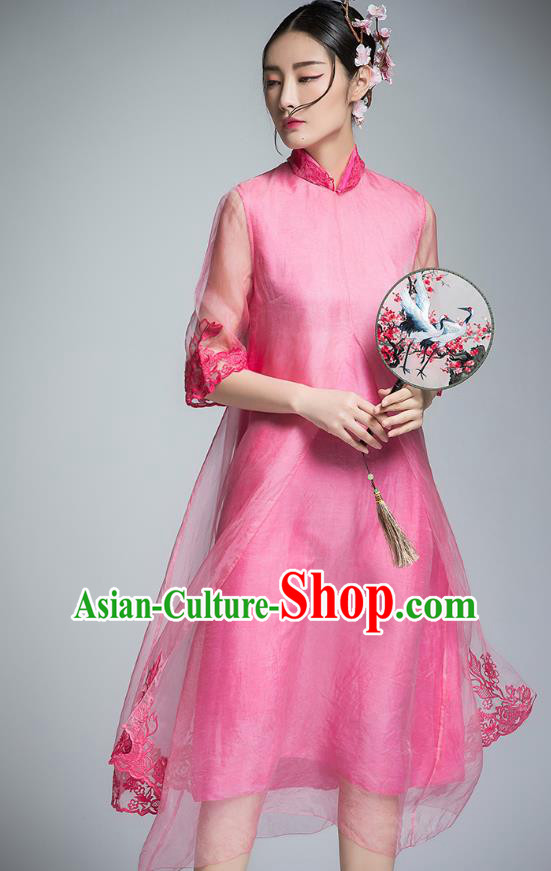 Chinese Traditional Tang Suit Embroidered Pink Organza Cheongsam China National Qipao Dress for Women