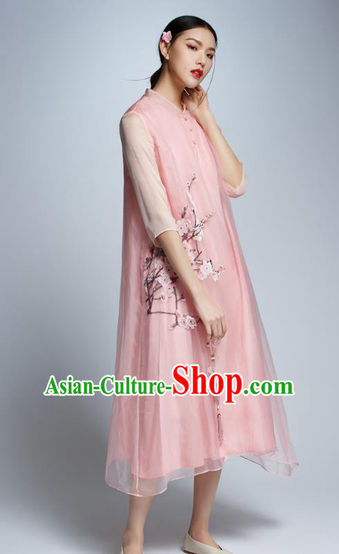 Chinese Traditional Tang Suit Printing Plum Blossom Pink Cheongsam China National Qipao Dress for Women