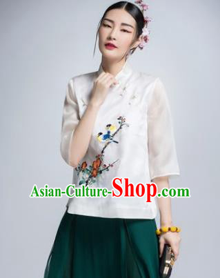 Chinese Traditional Tang Suit White Silk Blouse China National Upper Outer Garment Shirt for Women