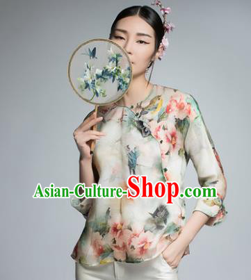 Chinese Traditional Tang Suit Printing Silk Blouse China National Upper Outer Garment Shirt for Women