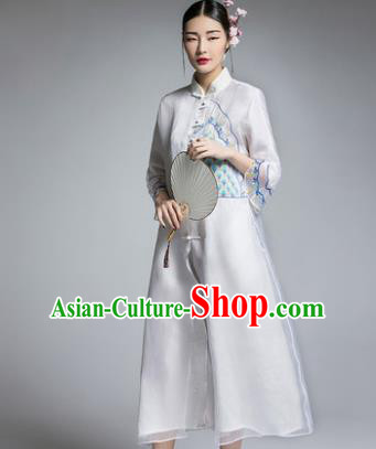 Chinese Traditional Tang Suit White Cheongsam China National Plated Buttons Qipao Dress for Women
