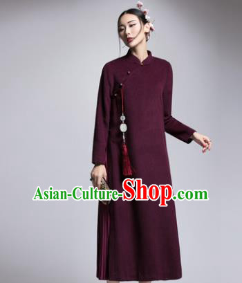 Chinese Traditional Tang Suit Purple Woolen Cheongsam China National Qipao Dress for Women