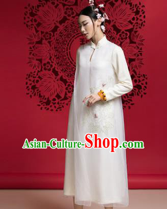Chinese Traditional Tang Suit White Woolen Cheongsam China National Qipao Dress for Women