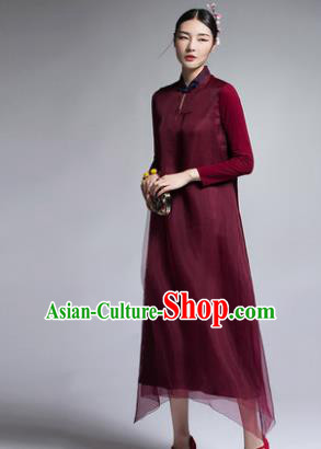 Chinese Traditional Tang Suit Wine Red Cheongsam China National Qipao Dress for Women