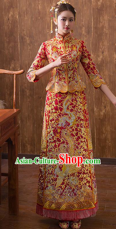 Traditional Chinese Ancient Red Diamante Bottom Drawer Embroidered Dragon Phoenix Xiuhe Suit Wedding Dress Toast Cheongsam for Women