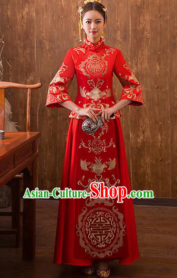 Traditional Chinese Ancient Red Bottom Drawer Embroidered Bats Xiuhe Suit Wedding Dress Toast Cheongsam for Women