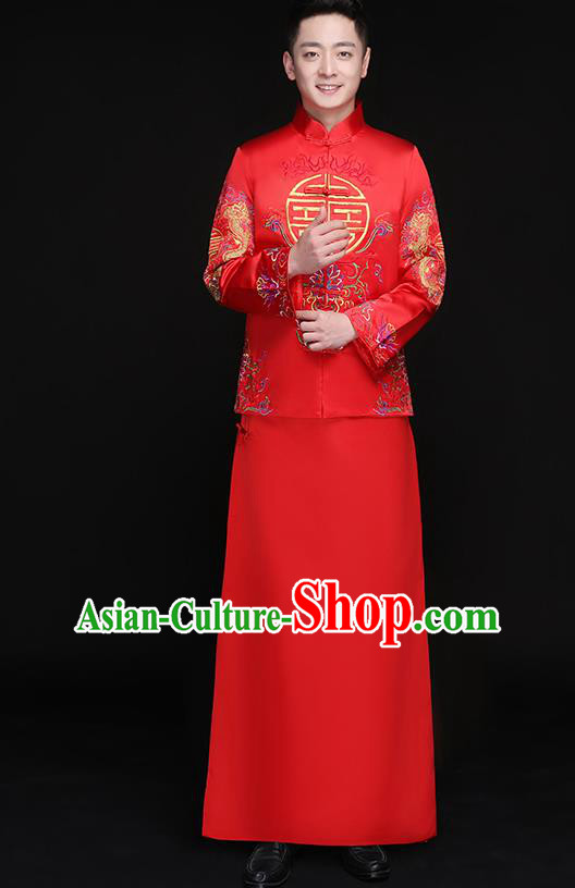 Chinese Traditional Bridegroom Embroidered Flowers Dragon Costume Ancient Tang Suit Clothing for Men