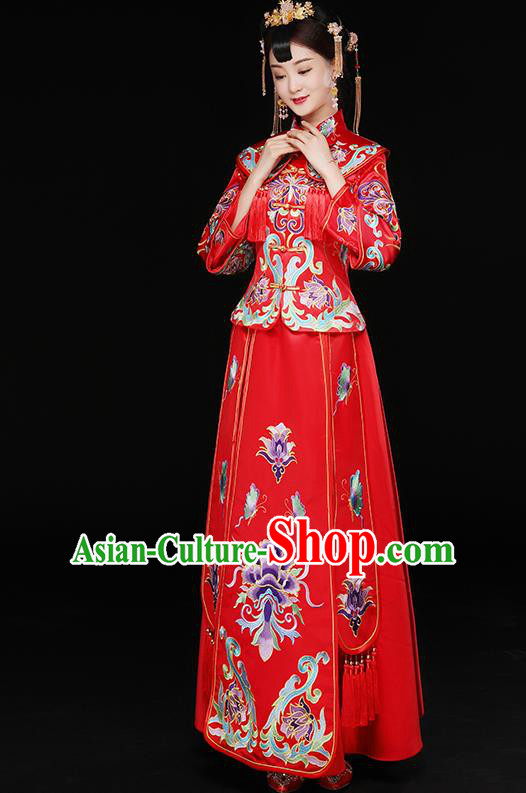 Traditional Chinese Embroidered Toast Cheongsam Ancient Bottom Drawer Xiuhe Suit Wedding Dress for Women