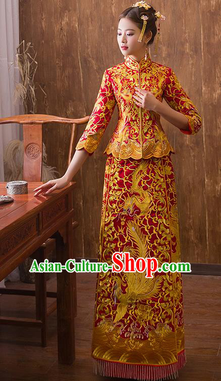 Traditional Chinese Ancient Red Bottom Drawer Embroidered Dragon Phoenix Xiuhe Suit Wedding Dress Toast Cheongsam for Women