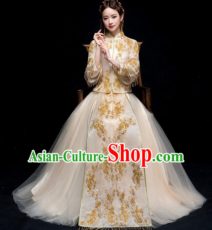 Chinese Traditional Wedding Golden Embroidered Costume Ancient Bride Xiuhe Suit Clothing for Women