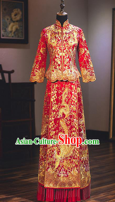 Chinese Traditional Toast Clothing Delicate Embroidered Wedding Dress Ancient Bride Longfeng Flown Xiuhe Suit for Women