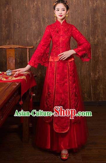 Chinese Traditional Embroidered Bridal Red Xiuhe Suit Wedding Dress Ancient Bride Cheongsam for Women