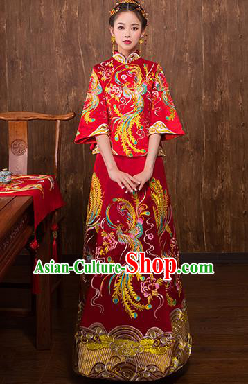 Chinese Traditional Embroidered Phoenix Bridal Red Xiuhe Suit Wedding Dress Ancient Bride Cheongsam for Women