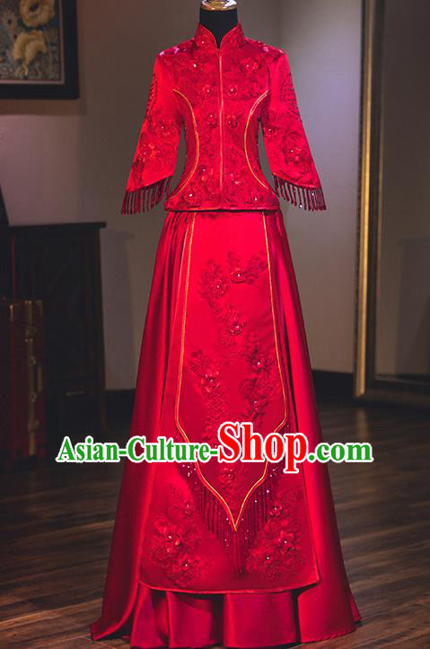 Chinese Traditional Delicate Embroidered Wedding Dress Ancient Bride Longfeng Flown Xiuhe Suit Costume for Women