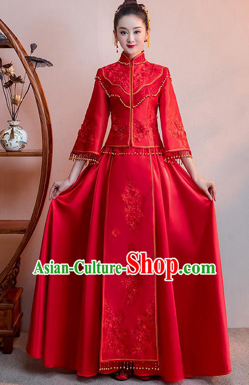 Chinese Traditional Bridal Red Toast Xiuhe Suit Wedding Dress Ancient Bride Cheongsam for Women