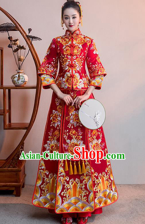 Chinese Traditional Bridal Red Xiuhe Suit Embroidered Flowers Wedding Dress Ancient Bride Cheongsam for Women