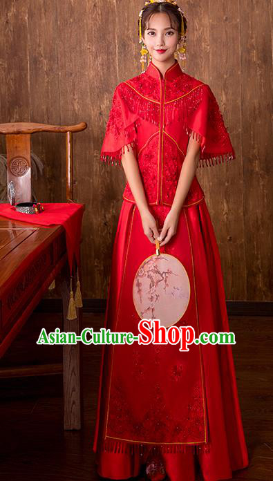 Chinese Traditional Embroidered Wedding Costume Bridal Xiuhe Suit Ancient Toast Cheongsam for Women