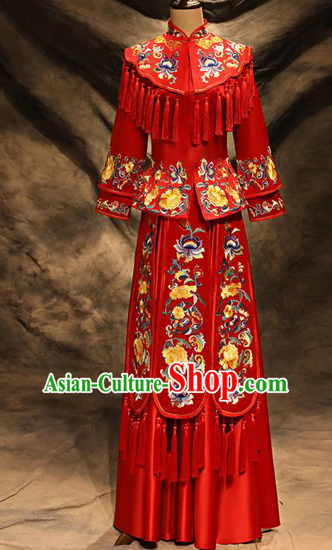 Traditional Chinese Embroidered Peony Toast Cheongsam Ancient Bottom Drawer Xiuhe Suit Wedding Dress for Women